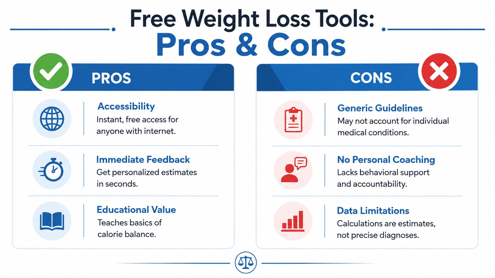 An infographic comparing the pros and cons of using free online weight loss calculator tools.