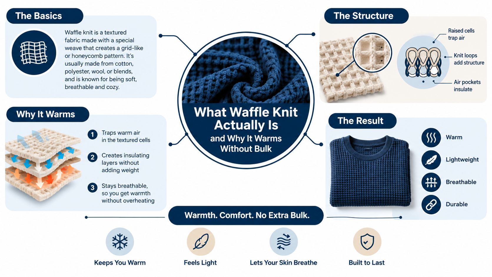 An infographic explaining the structure and warming benefits of waffle knit fabric for clothing.