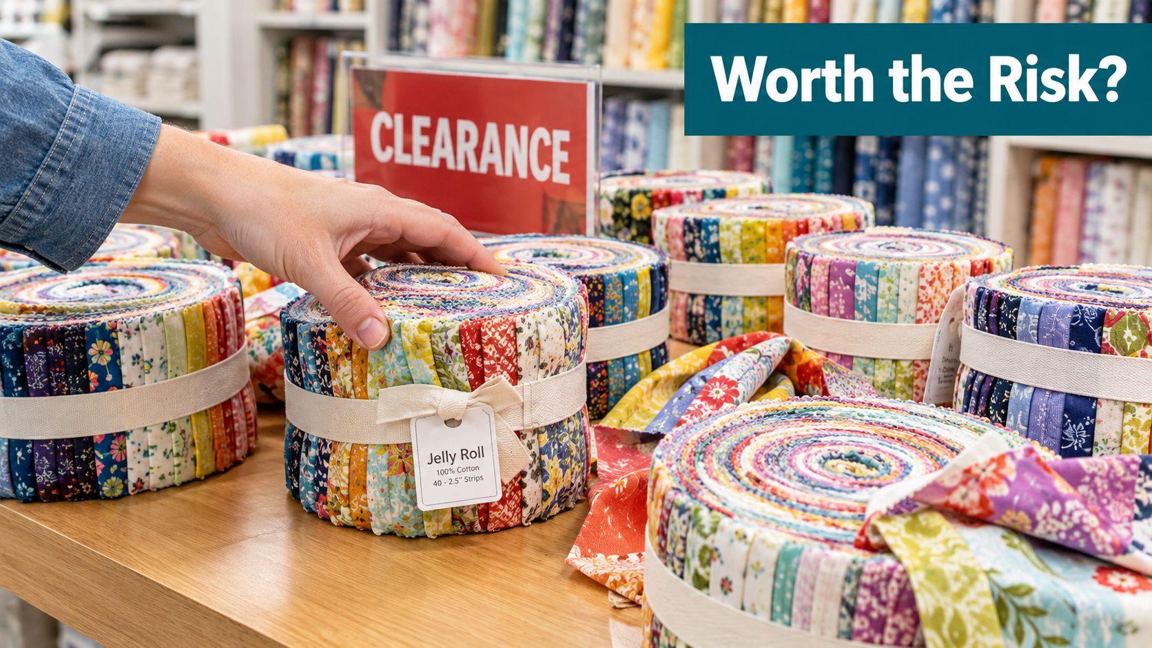 A hand selecting a multicolored fabric jelly roll from a shop table with a clearance sign.