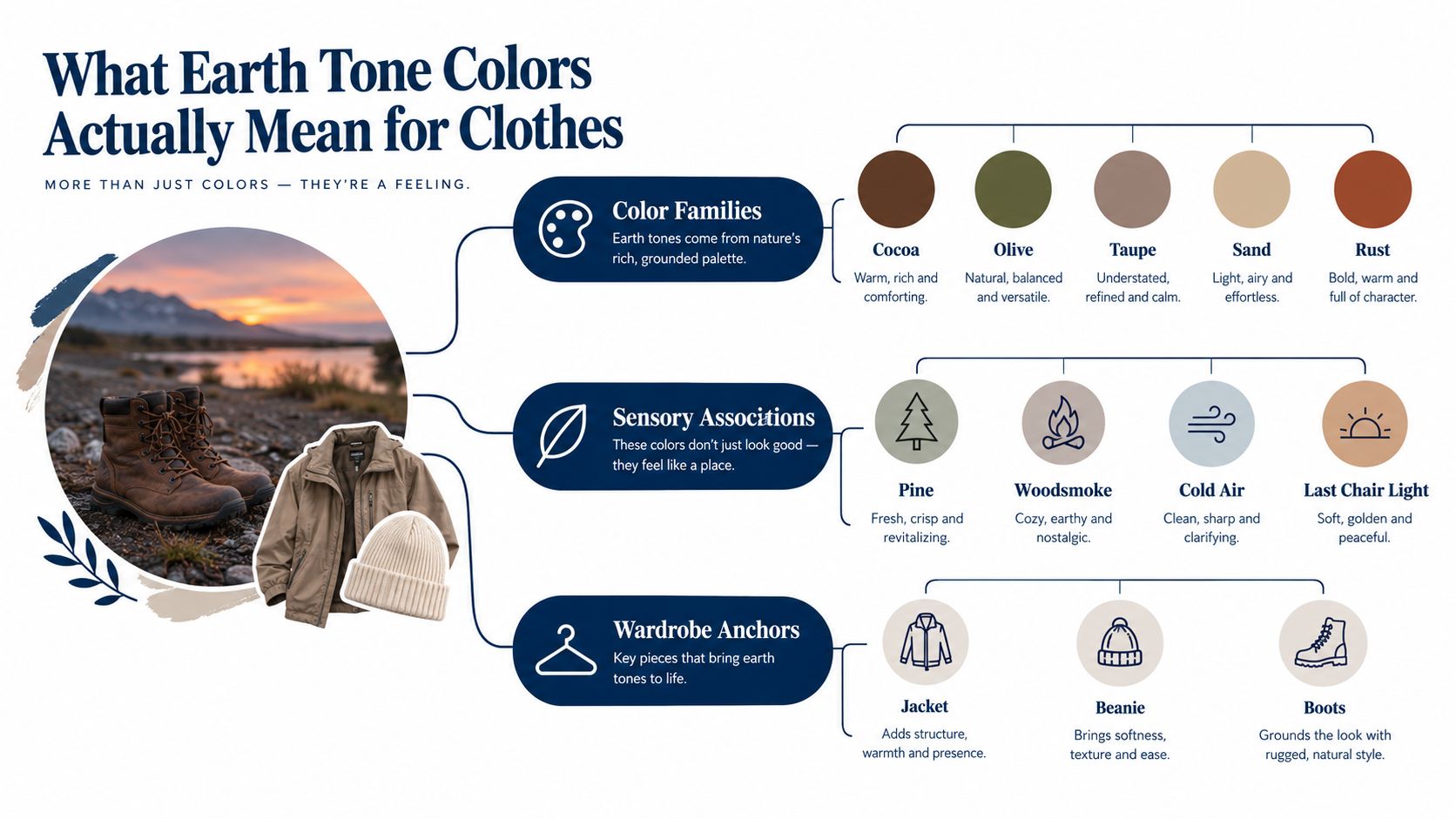 An infographic titled What Earth Tone Colors Actually Mean for Clothes showcasing color palettes and sensory associations.