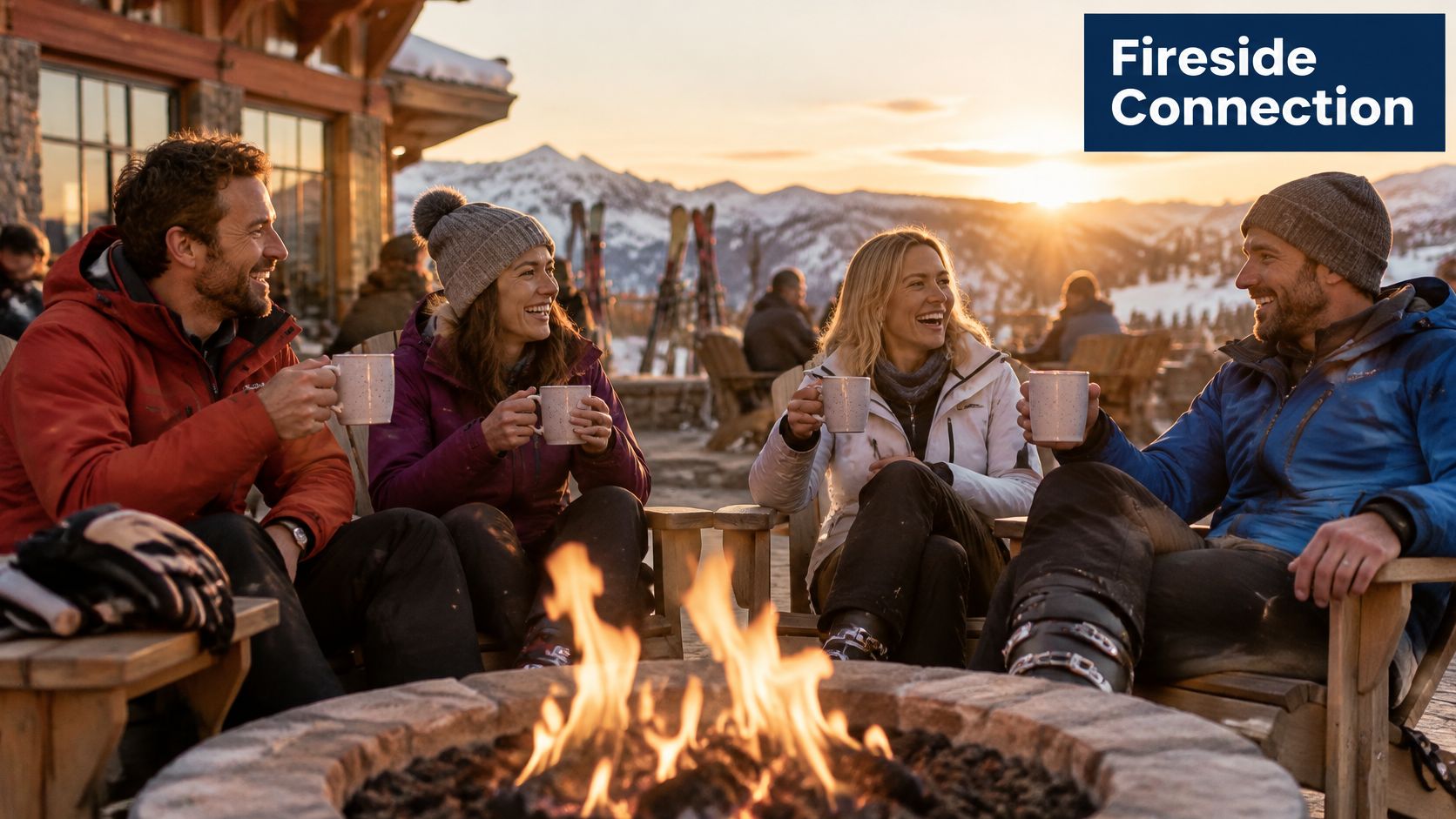 A group of friends laughing and drinking from mugs by an outdoor stone fire pit at sunset.