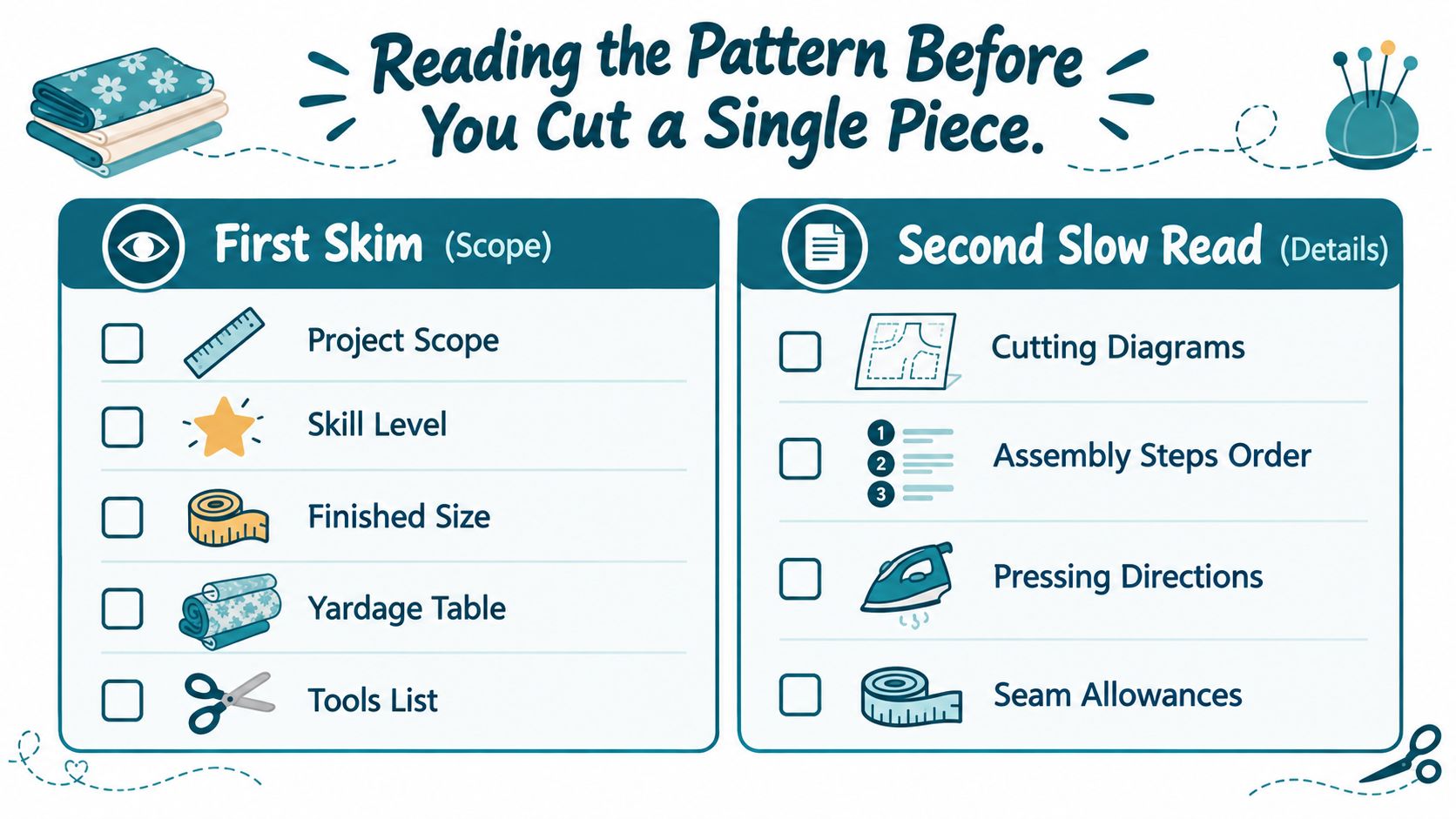 An infographic checklist for reading sewing or quilting patterns before starting a new craft project.