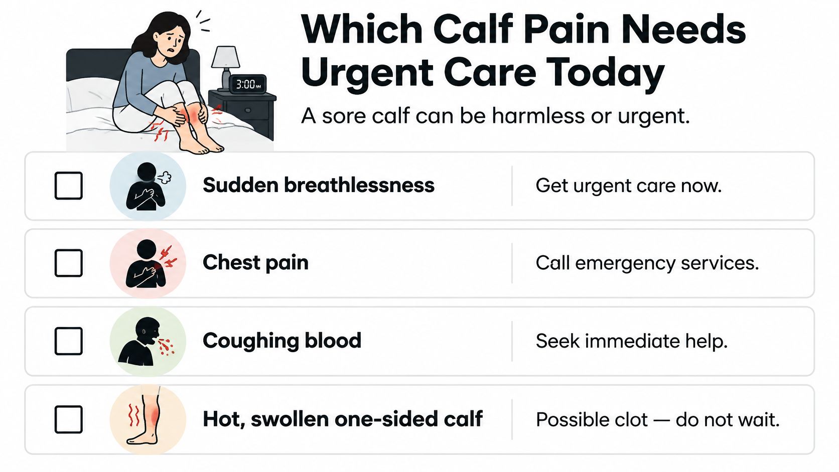An infographic showing warning signs of calf pain that require urgent medical attention and emergency care.