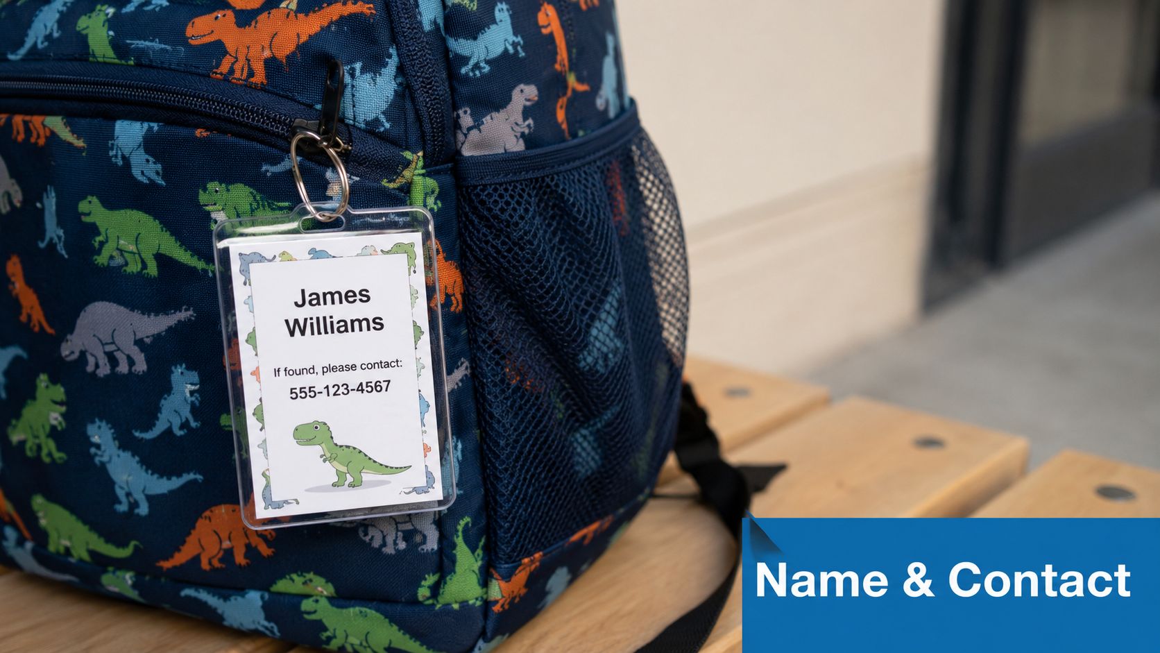 A personalized dinosaur-themed name tag attached to a blue children's backpack on a wooden bench.