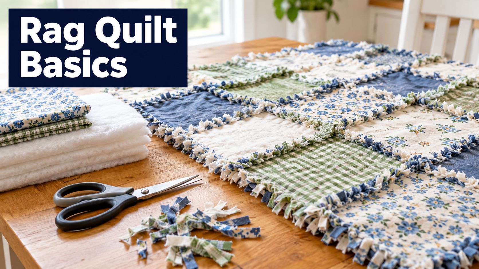A rag quilt project featuring stacked batting, fabric squares, scissors, and frayed fabric scraps on a wooden table.