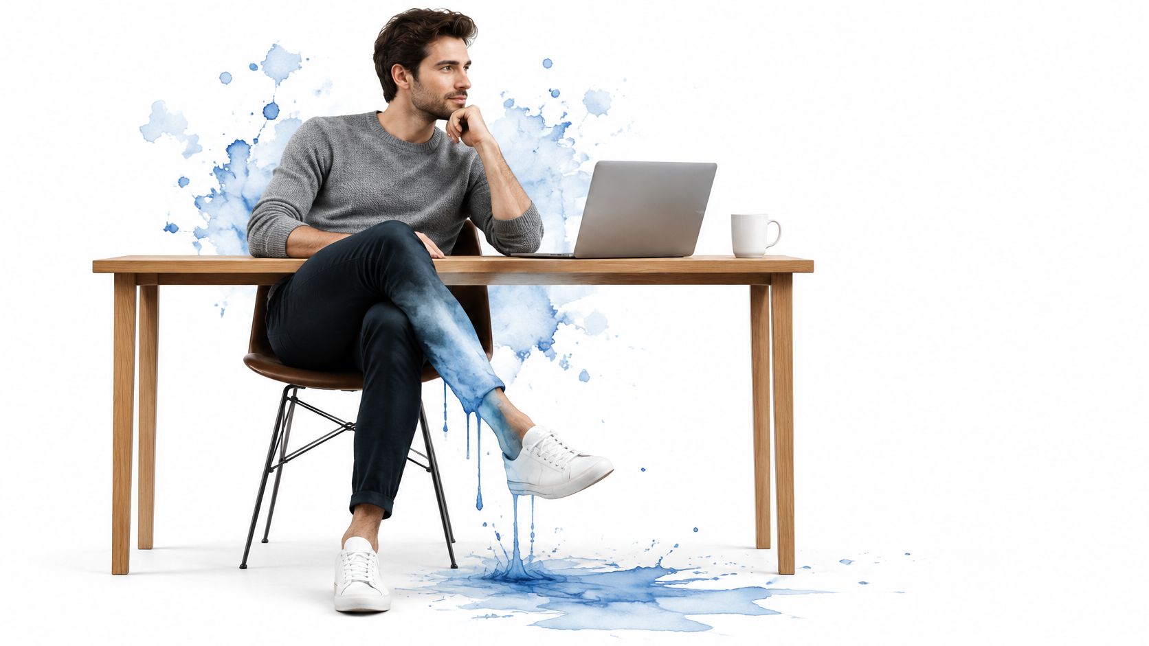 A man sitting at a desk with his leg melting into blue liquid, symbolizing leg pain.