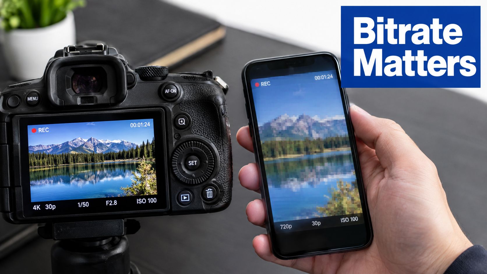 A professional camera and a smartphone screen displaying the same landscape video with different quality levels.