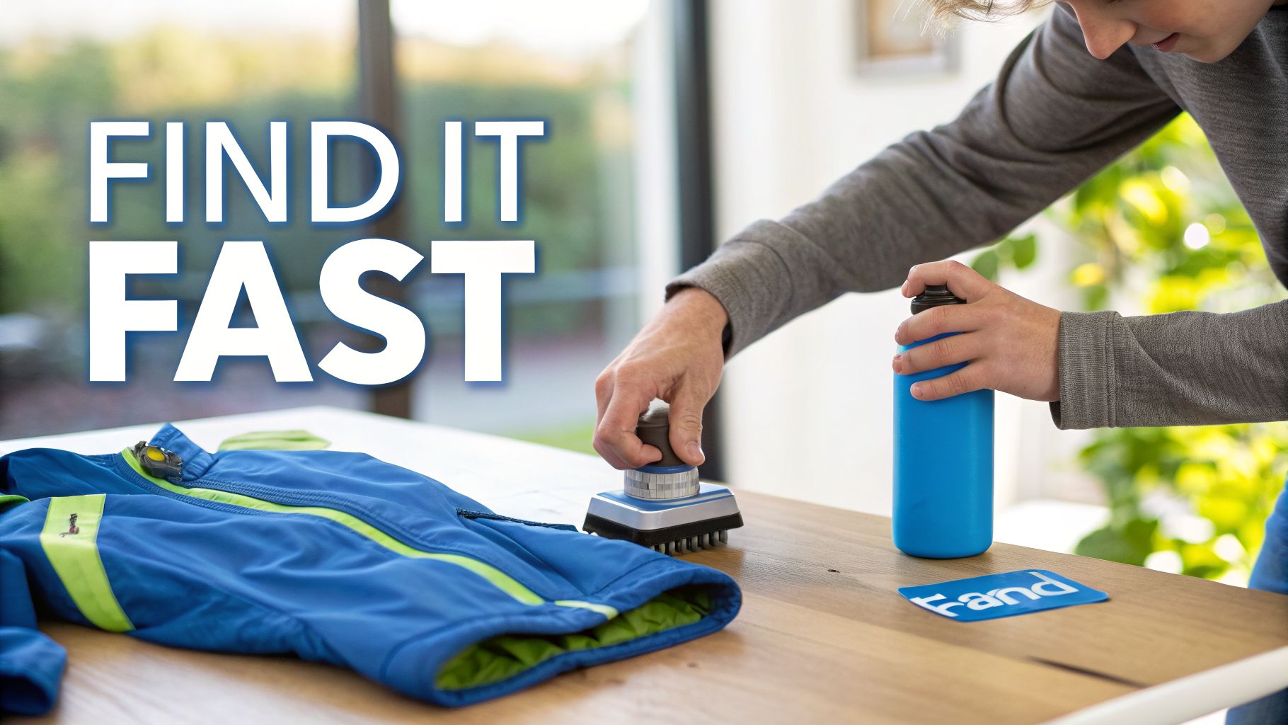 A person uses a name stamper on a blue jacket, with a water bottle nearby.