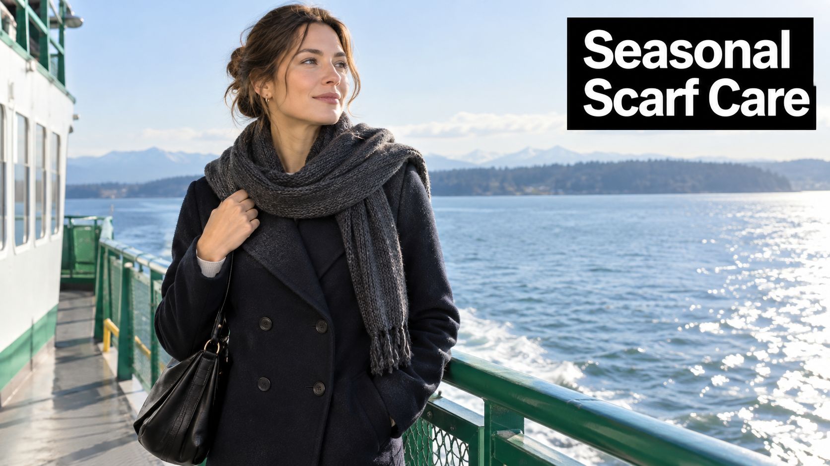 A woman wearing a dark coat and gray scarf stands on a ferry deck overlooking water.