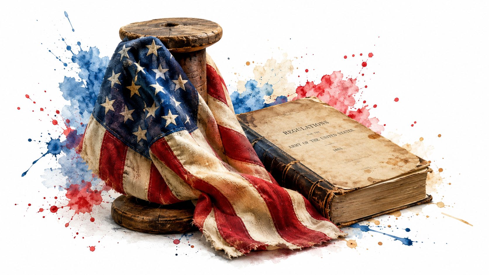 A vintage American flag draped over a wooden spool beside an old 1863 US Army regulations book.