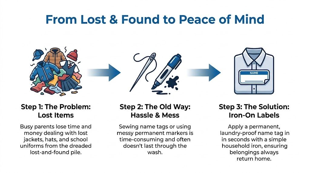 An infographic showing the process of solving the lost item problem using personalized iron-on name labels.