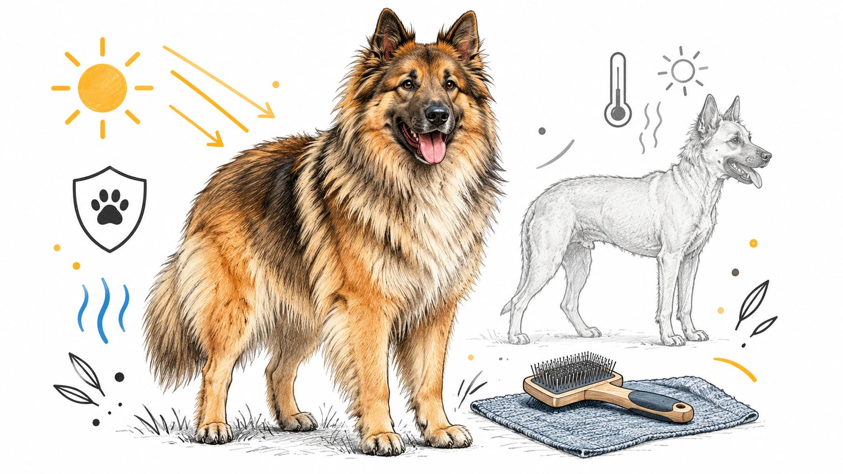 A long-haired German Shepherd dog beside a sketch of a dog and a professional grooming brush.