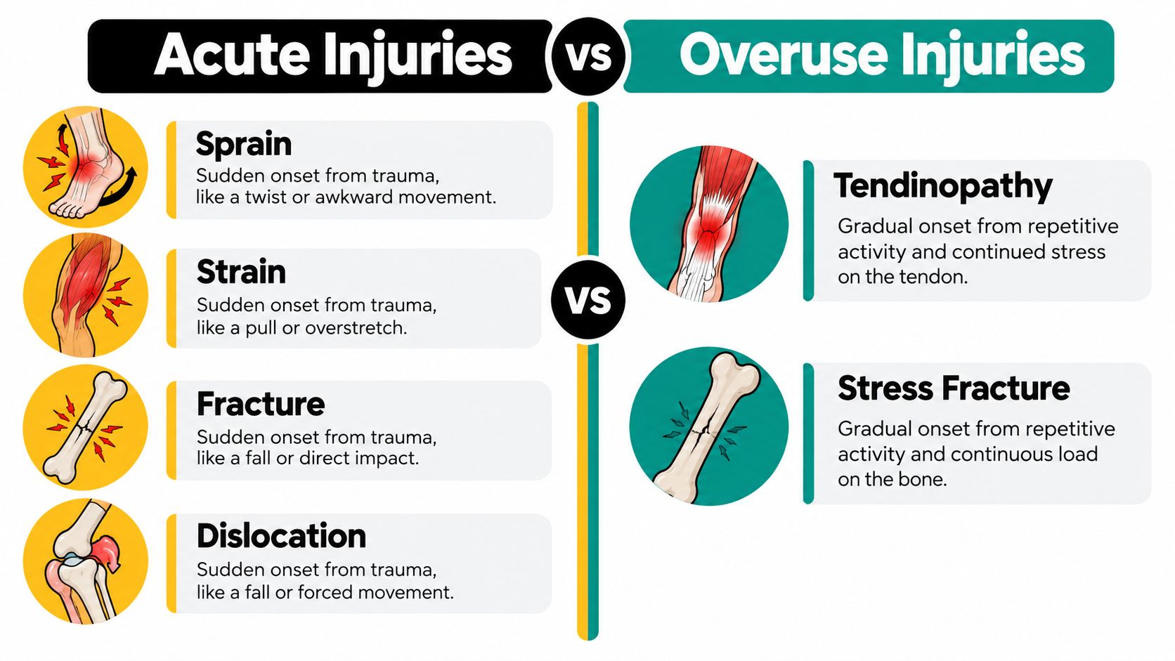 A comparison chart showing the differences between acute sports injuries and overuse injuries with icons and definitions.