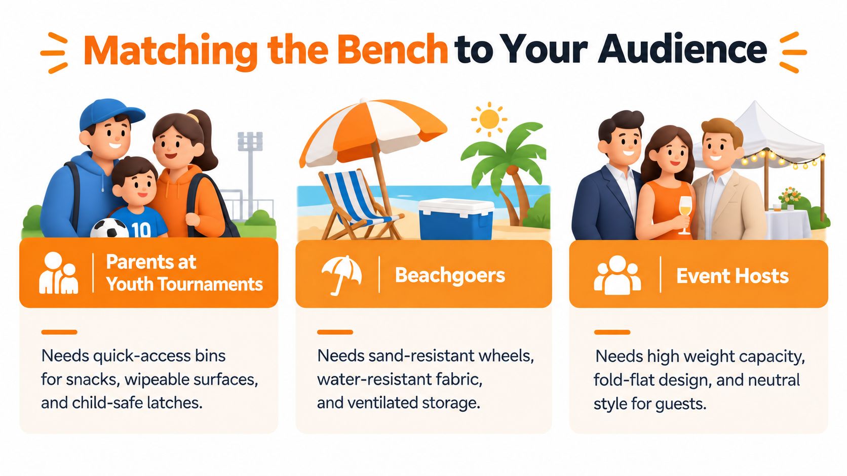 An infographic showing three target audiences for a storage bench: youth sports parents, beachgoers, and event hosts.