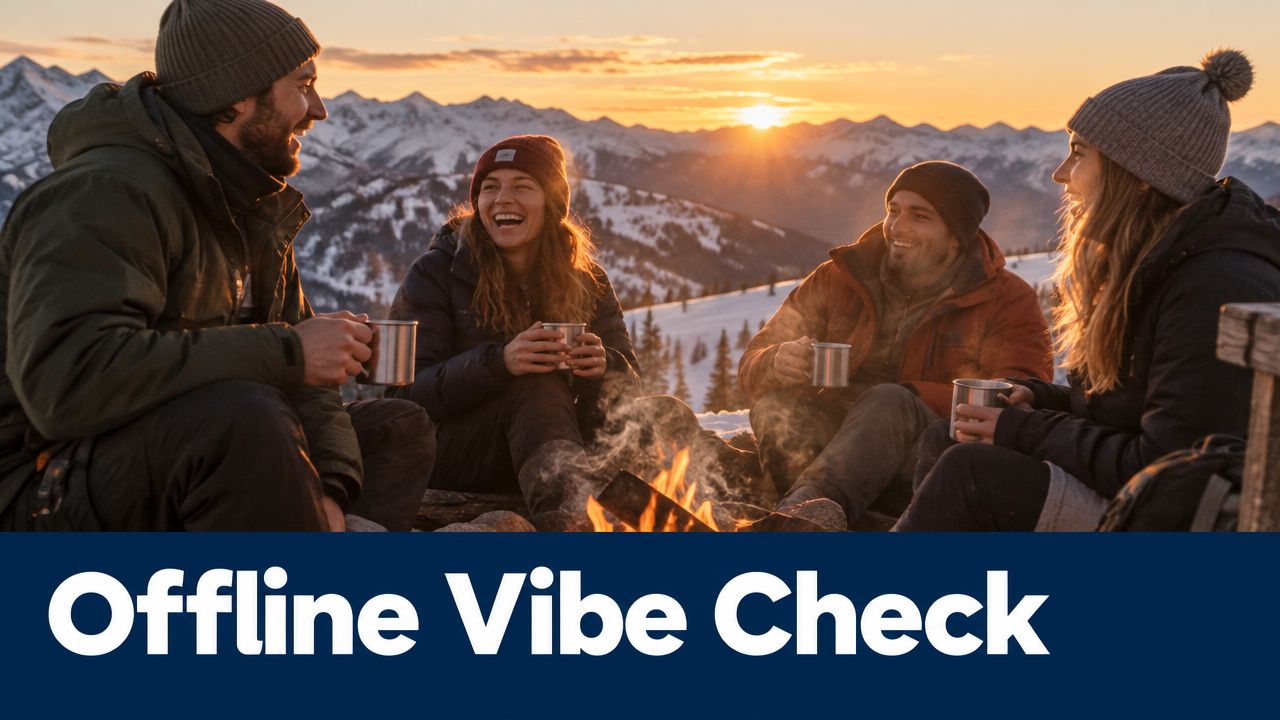 A group of friends laughing and drinking from mugs by a campfire in snowy mountains.