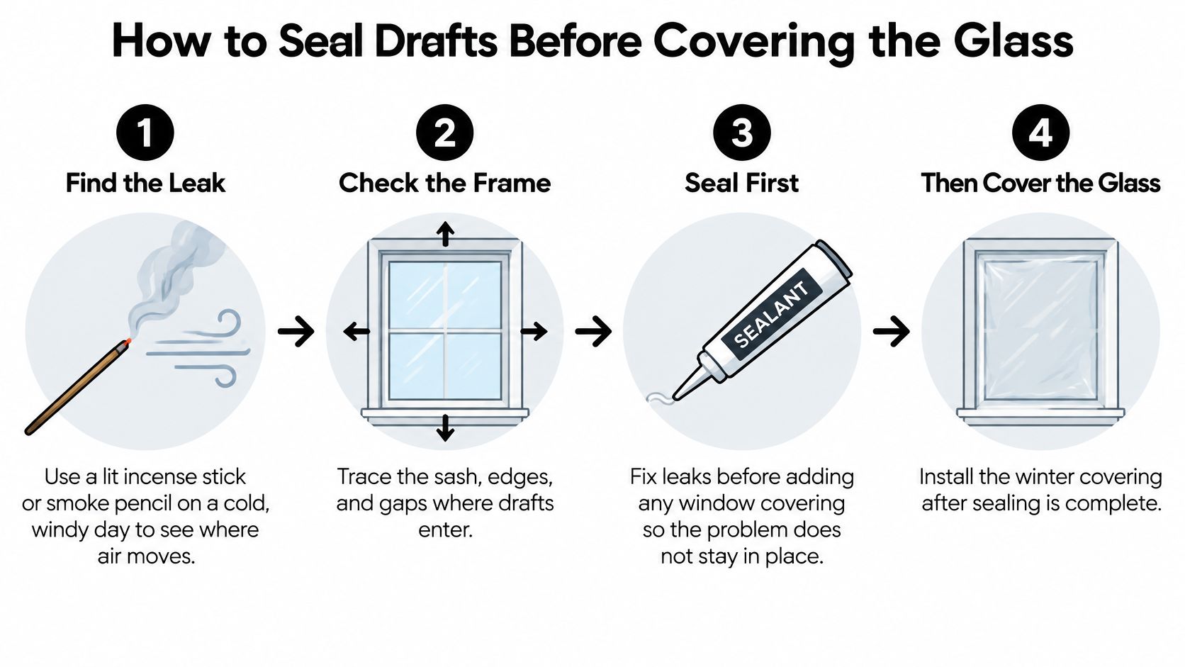A four-step infographic showing how to find drafts, check window frames, seal leaks, and install winter window insulation.