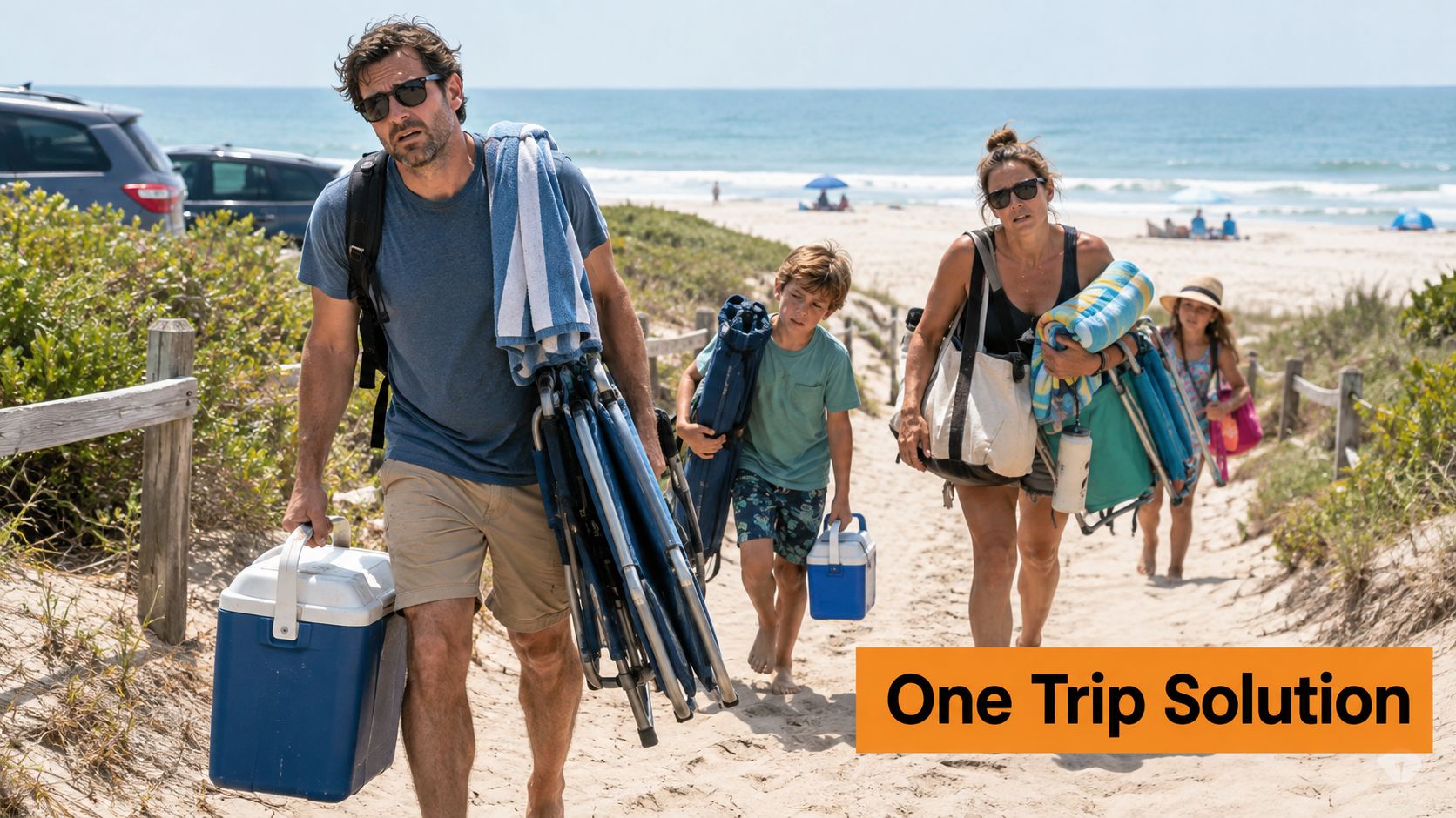 A family carrying heavy beach gear including coolers, chairs, and towels on a sandy beach path.