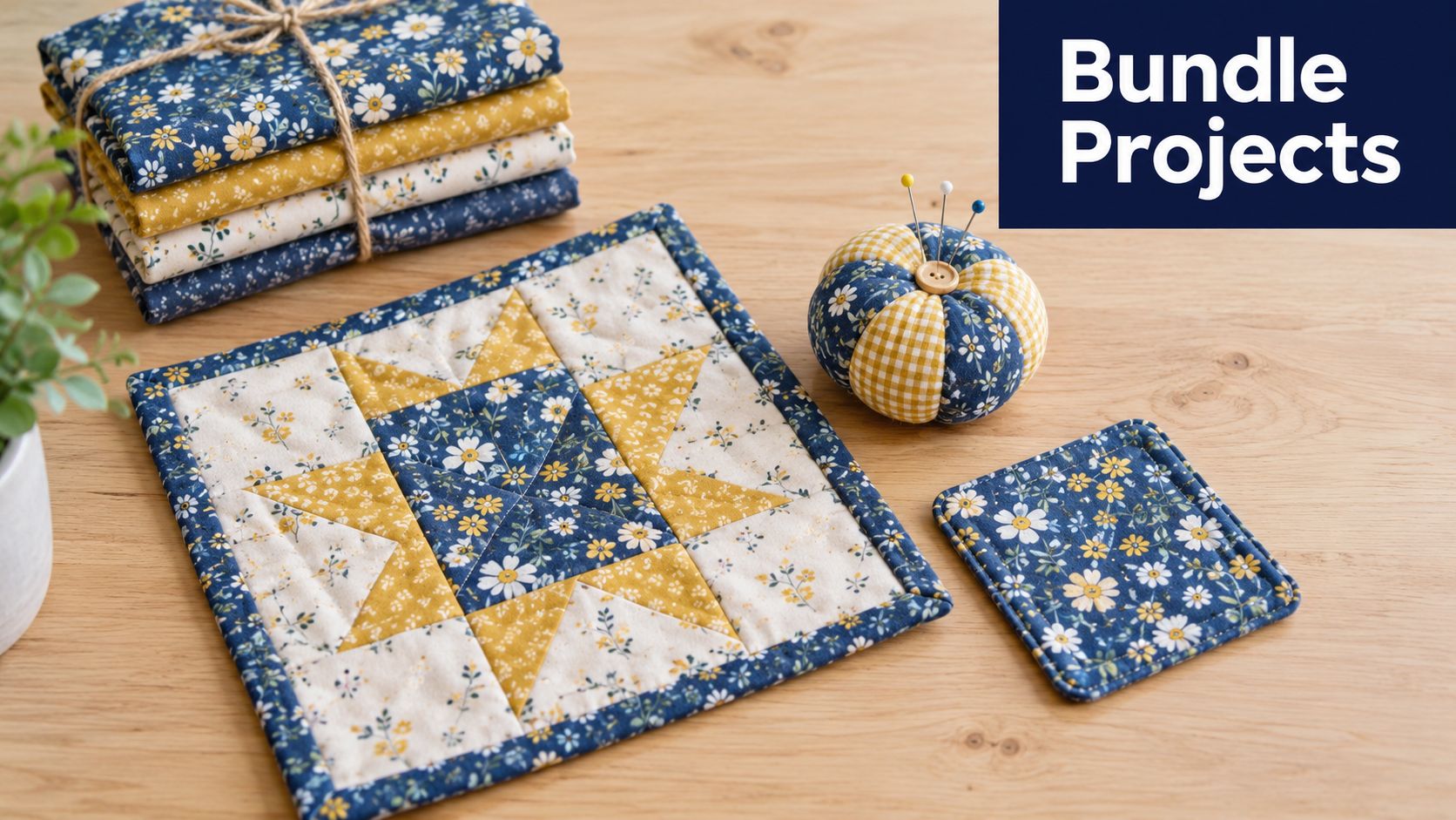 A stack of fabric, a quilted star block, a pincushion, and a coaster on a wooden table.
