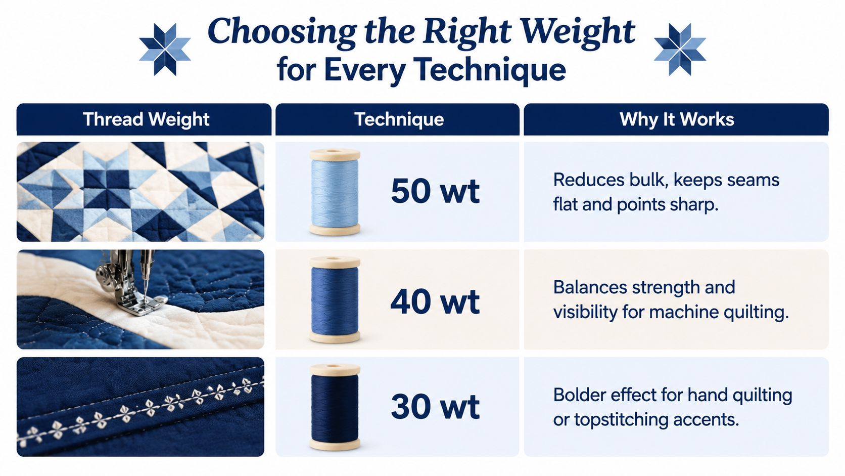 A chart comparing 50wt, 40wt, and 30wt quilting threads with descriptions of their best uses and benefits.