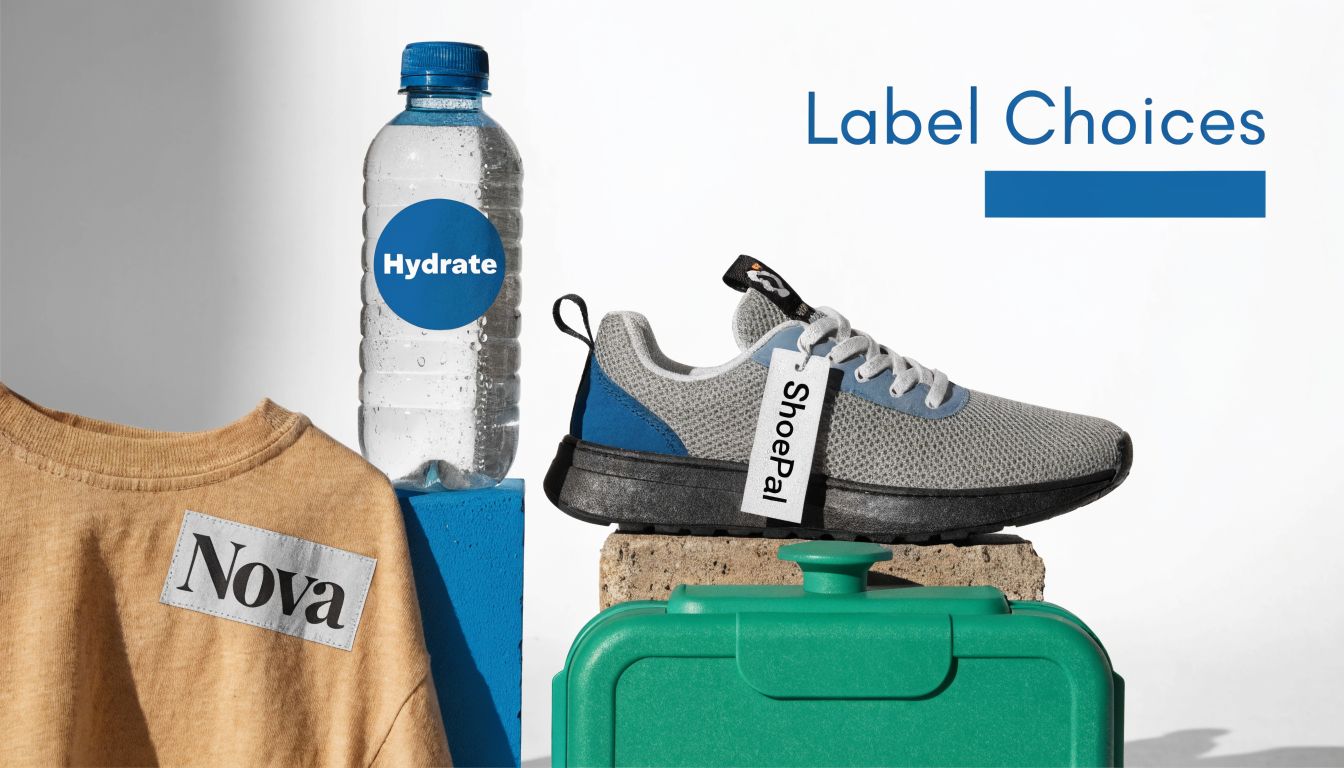 Examples of personalized labels applied to a water bottle, a sneaker, and a beige fabric garment.