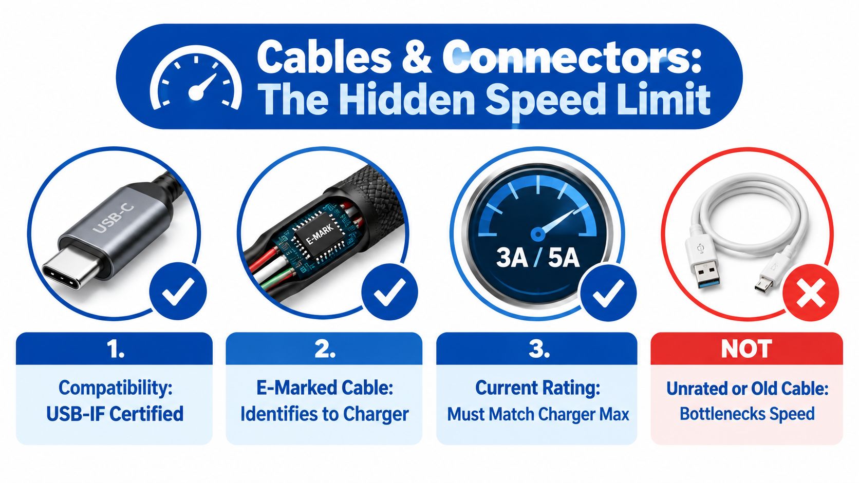 An infographic showing factors affecting charging speed including USB-IF certification, E-mark chips, current ratings, and outdated cables.