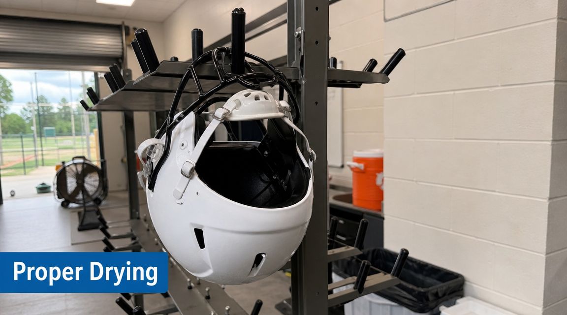 A white football helmet hanging on a storage rack for proper drying inside a locker room facility.