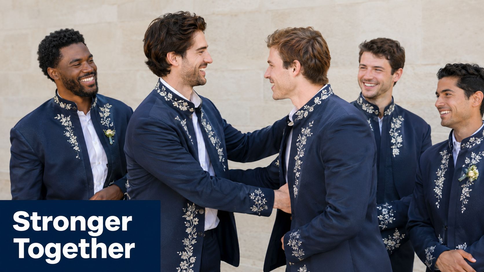A group of five men wearing navy blue jackets with floral embroidery smiling and interacting together.