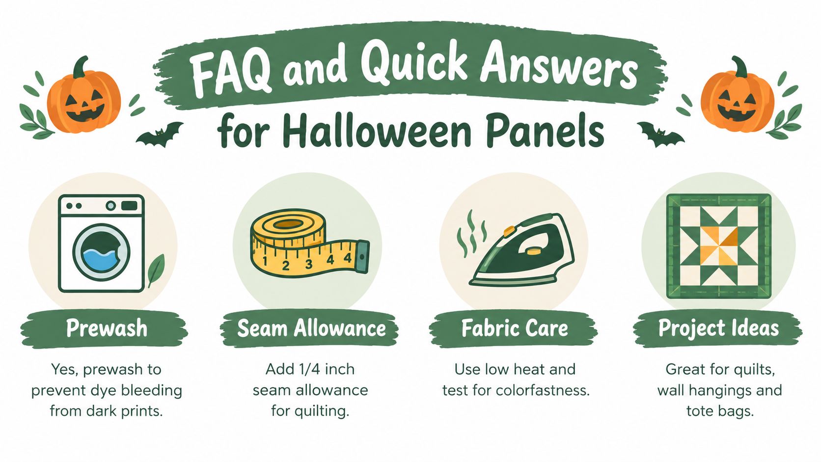 An infographic titled FAQ and Quick Answers for Halloween Panels covering prewash, seam allowance, and project tips.