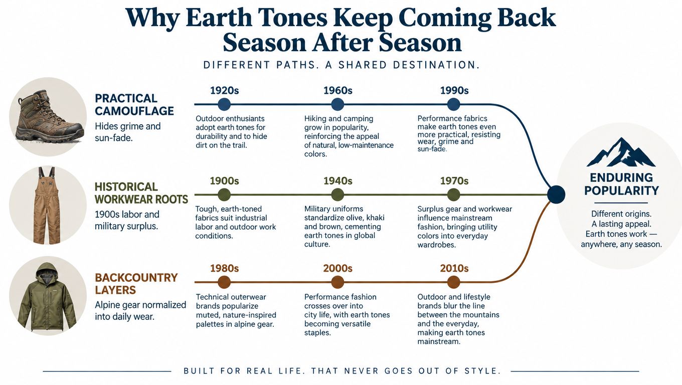 A timeline infographic detailing the historical evolution and enduring popularity of earth tone clothing and gear.