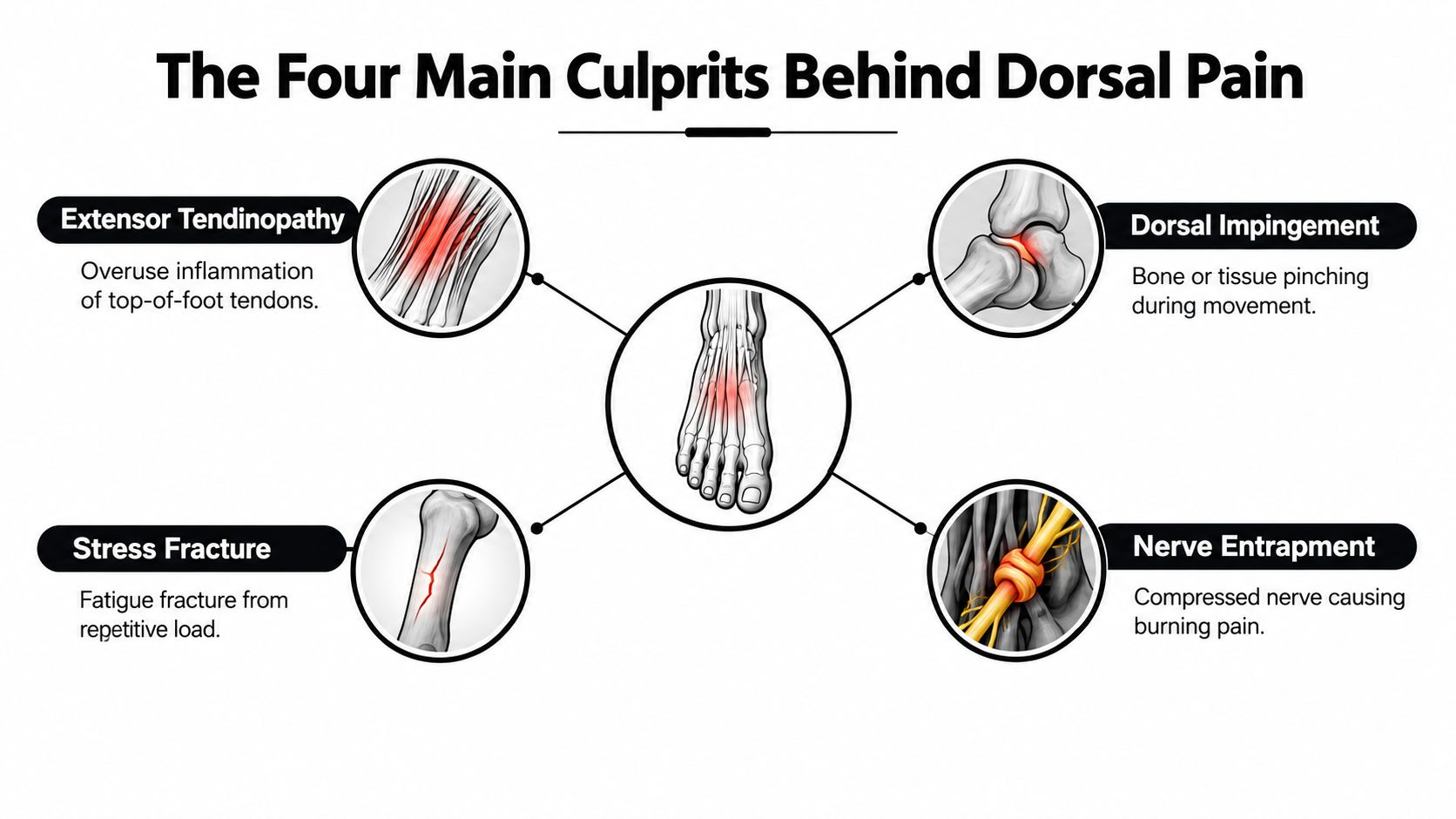 An infographic illustrating four common causes of dorsal foot pain, including tendinopathy, impingement, stress fractures, and entrapment.