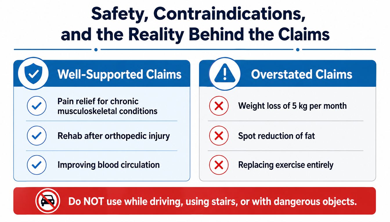 An infographic highlighting the benefits, unrealistic expectations, and safety warnings for electrical stimulation machine usage.