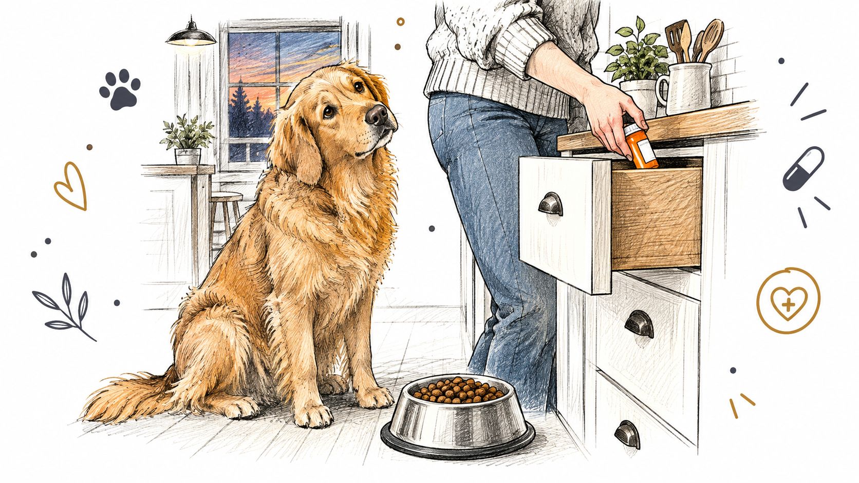 A golden retriever sitting in a kitchen as a person puts a medication bottle into a drawer.