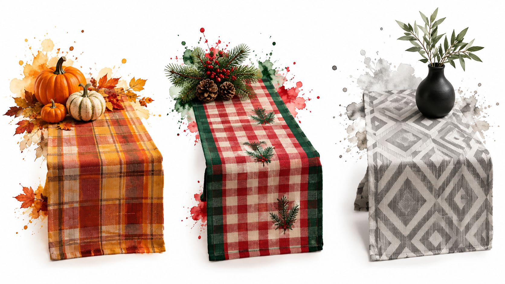 Three different table runners featuring autumn pumpkins, festive red and green plaid, and a modern grey geometric pattern.