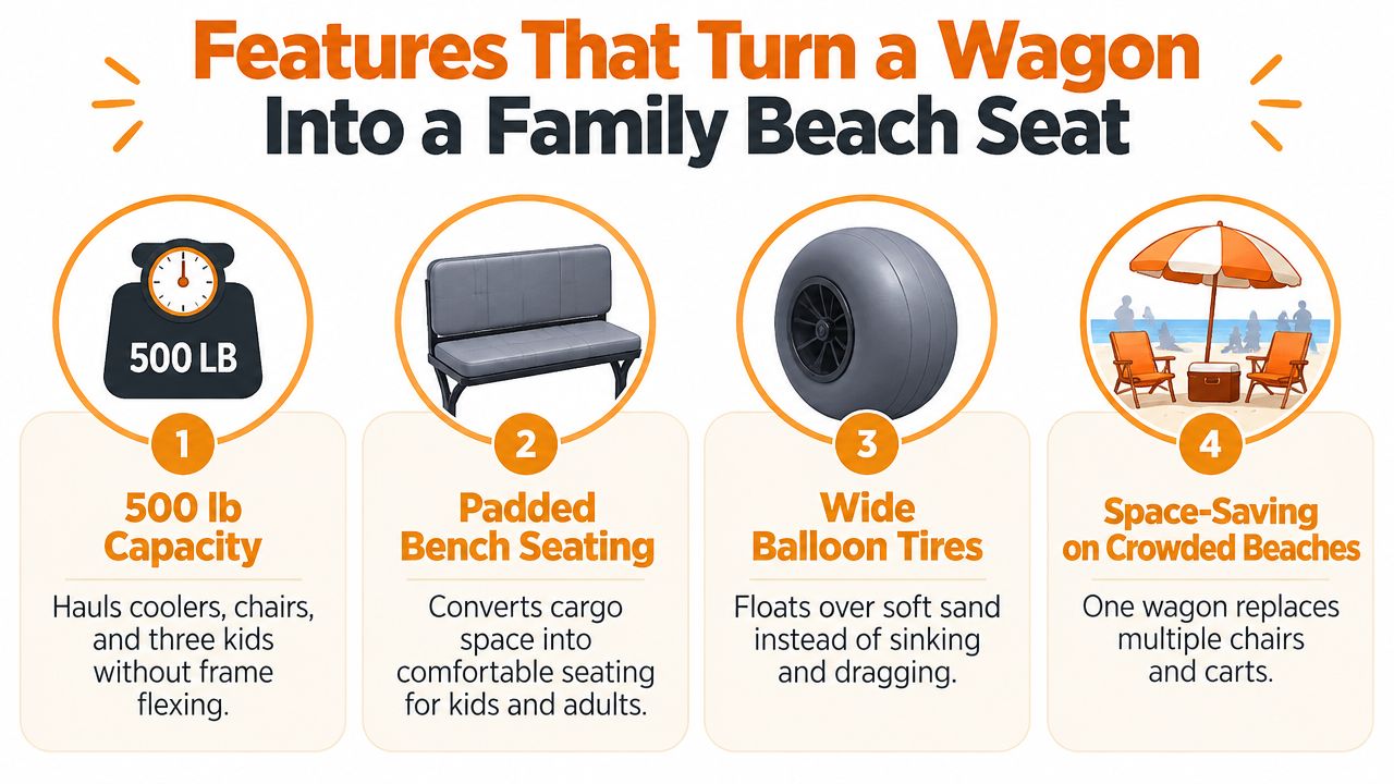 An infographic illustrating four key features that allow a beach wagon to function as seating furniture.