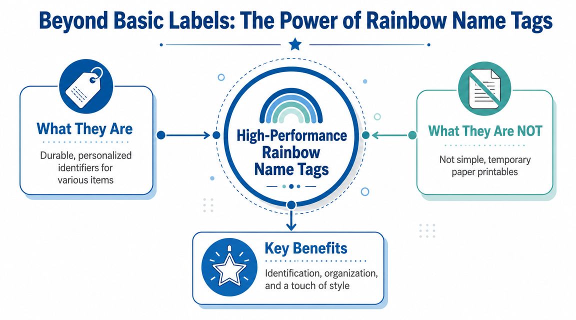 An infographic titled Beyond Basic Labels explaining the purpose, definition, and benefits of rainbow name tags.