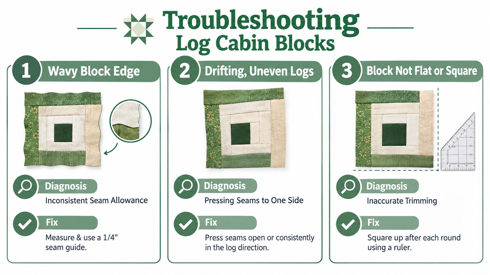 An educational infographic showing three common troubleshooting tips for fixing common errors in log cabin quilt blocks.