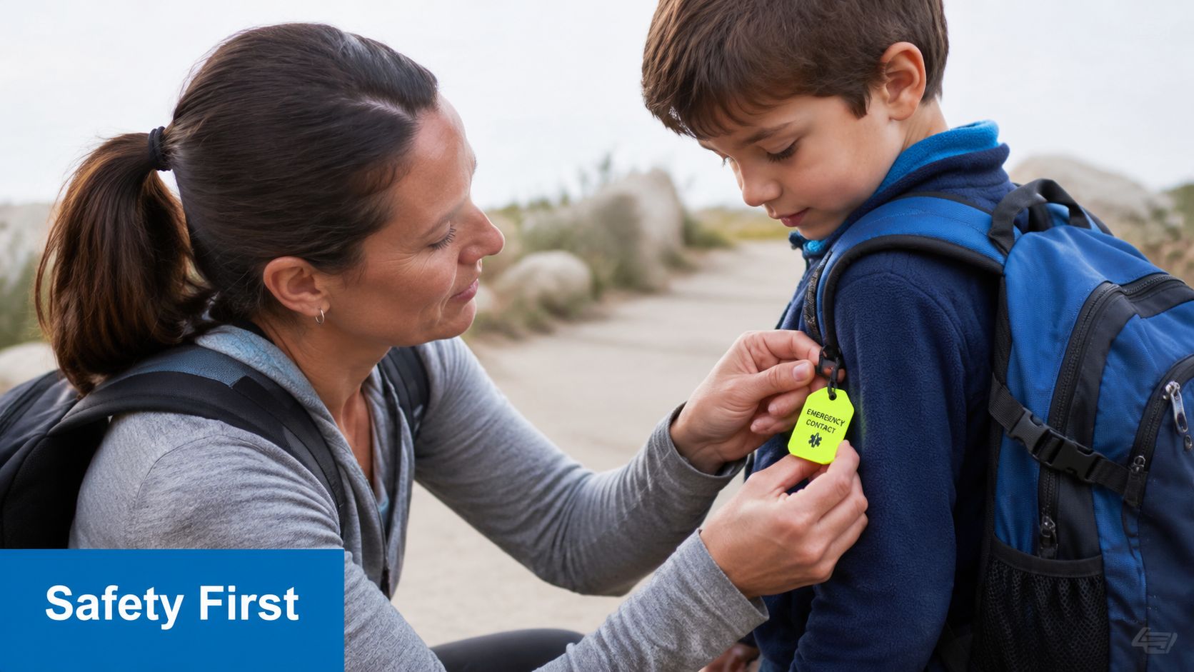 A mother attaches an emergency contact tag to her son's backpack before a school field trip.