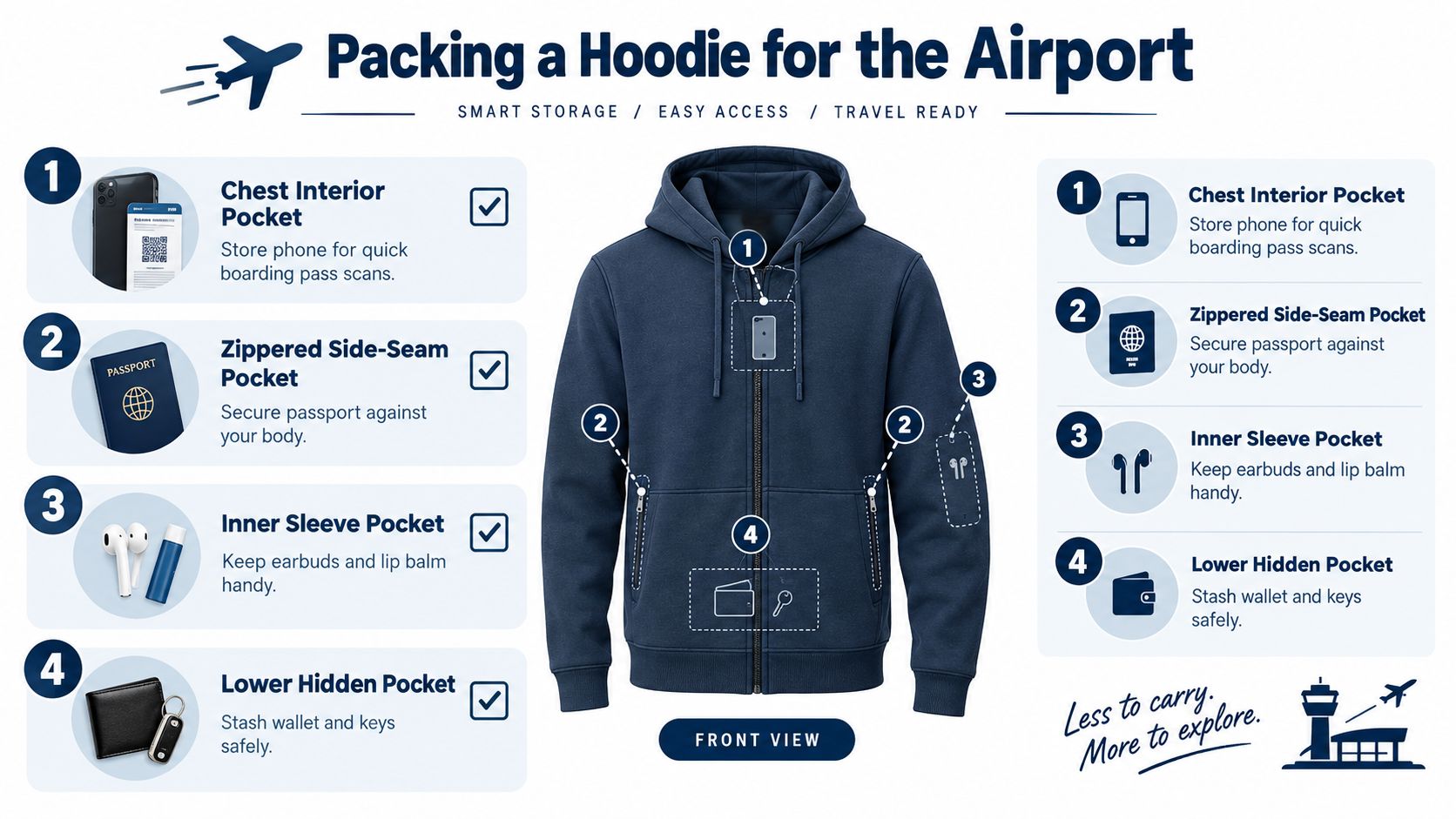 A blue zip-up hoodie featuring four specialized storage areas labeled for travel items like phones and passports.