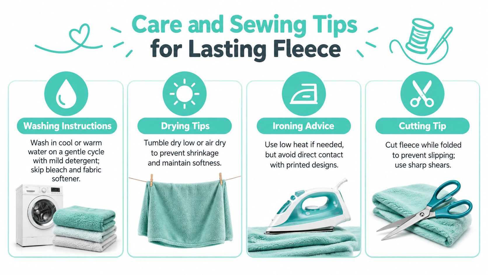 A helpful infographic outlining four essential care and sewing tips for maintaining quality fleece fabric at home.