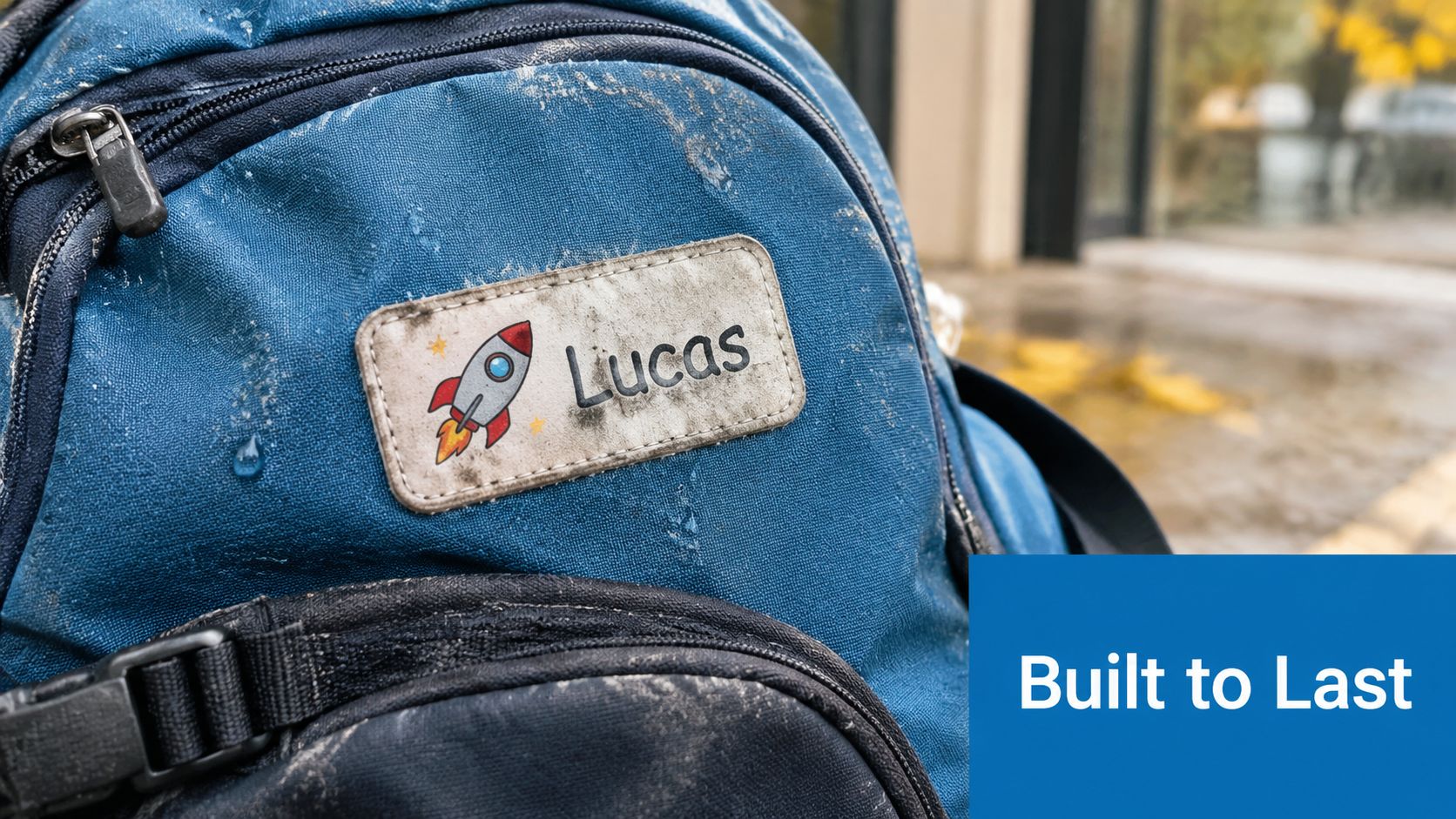 A dirty blue child's backpack featuring a custom rocket-themed name label with the name Lucas on it.