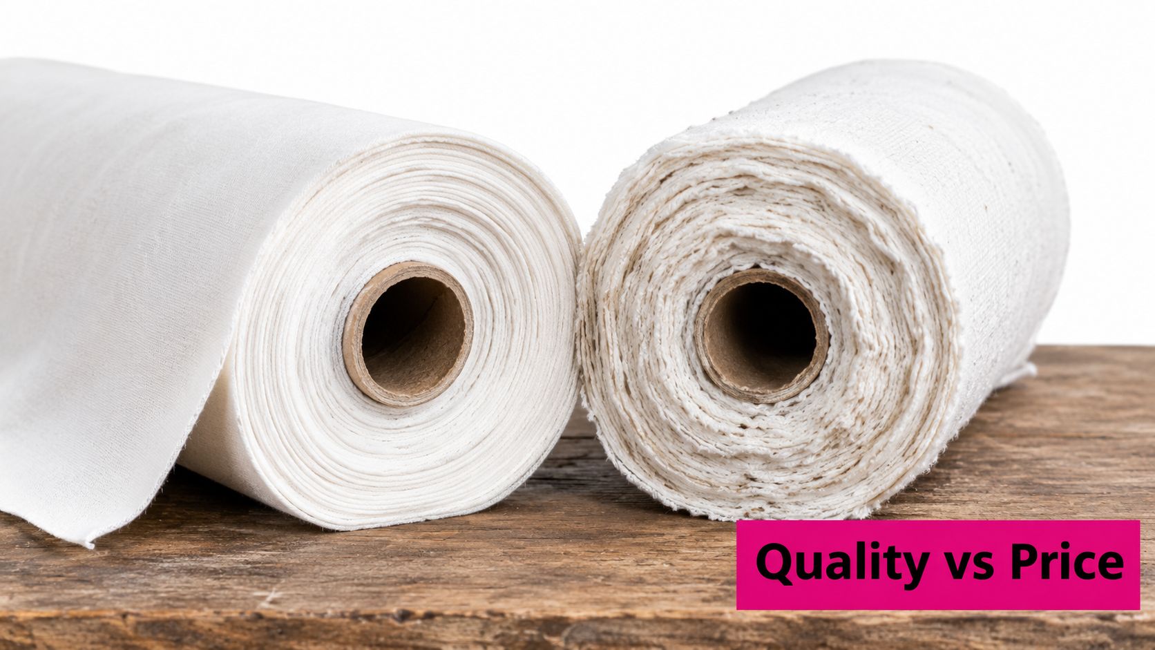 Two rolls of white fabric on a rustic wooden table representing a quality versus price comparison.