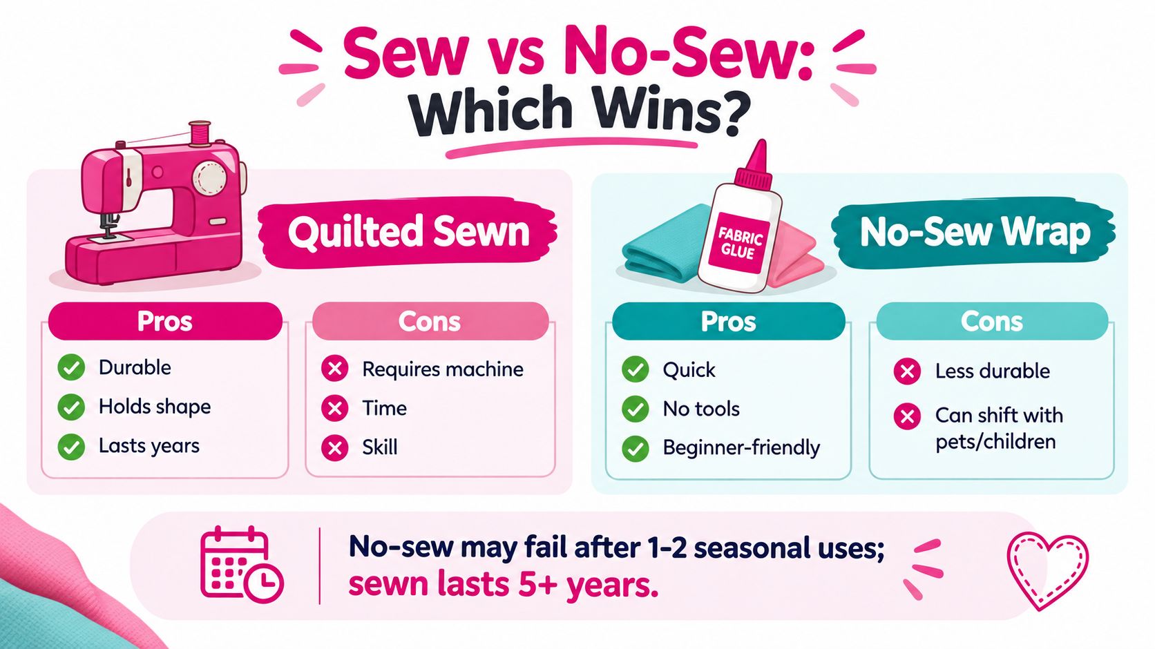 A comparison chart highlighting the pros and cons of using sewn versus no-sew methods for projects.