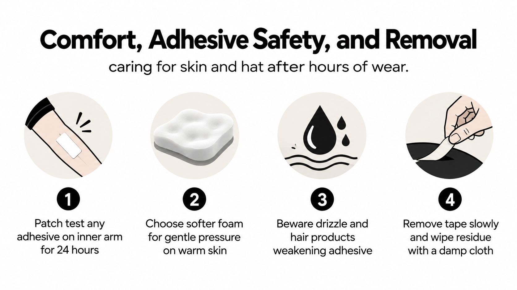 An infographic showing four steps for the safe use and removal of hat size reducer tape.