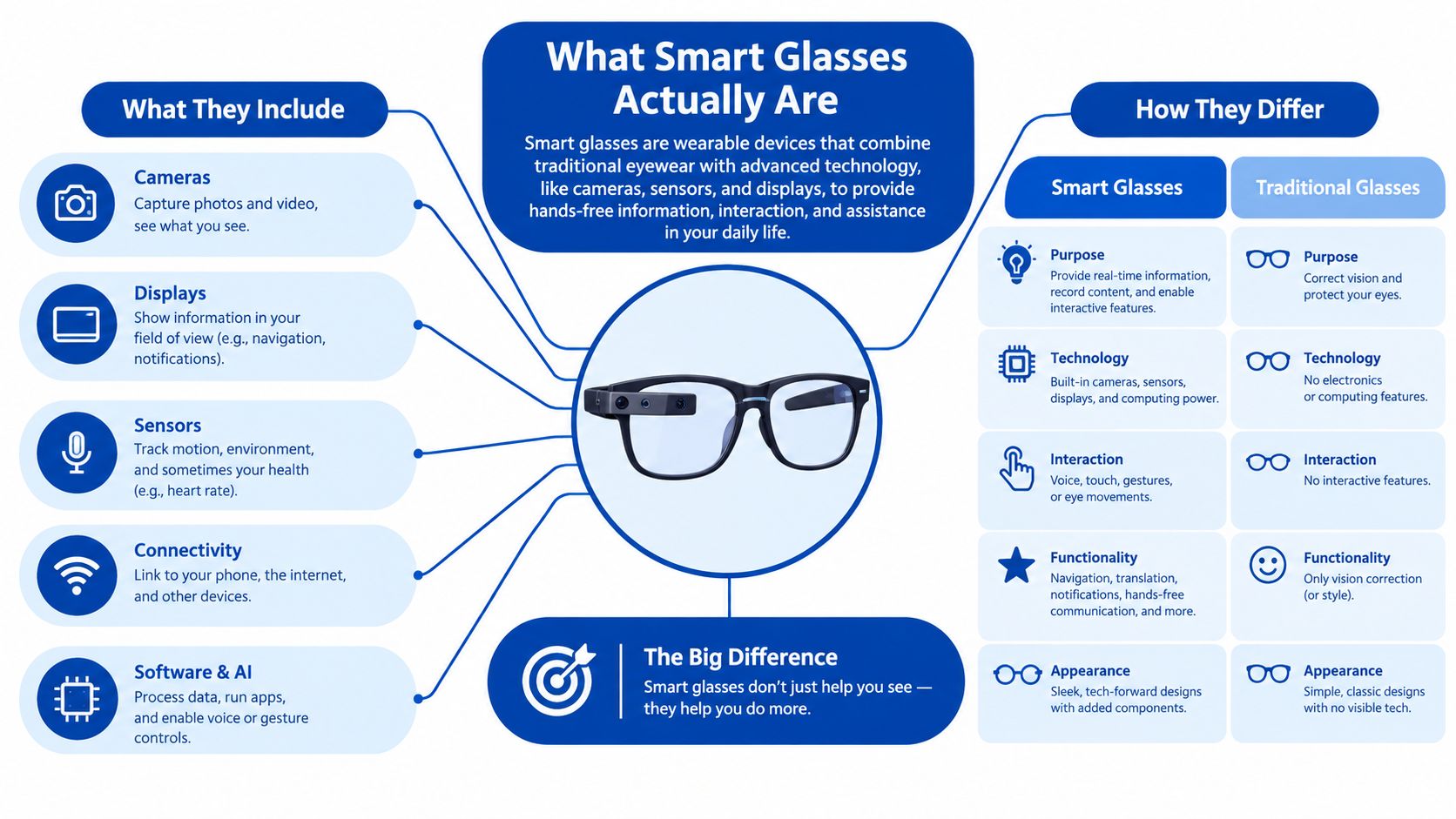 An infographic detailing the features and functions of smart glasses compared to traditional prescription eyewear.