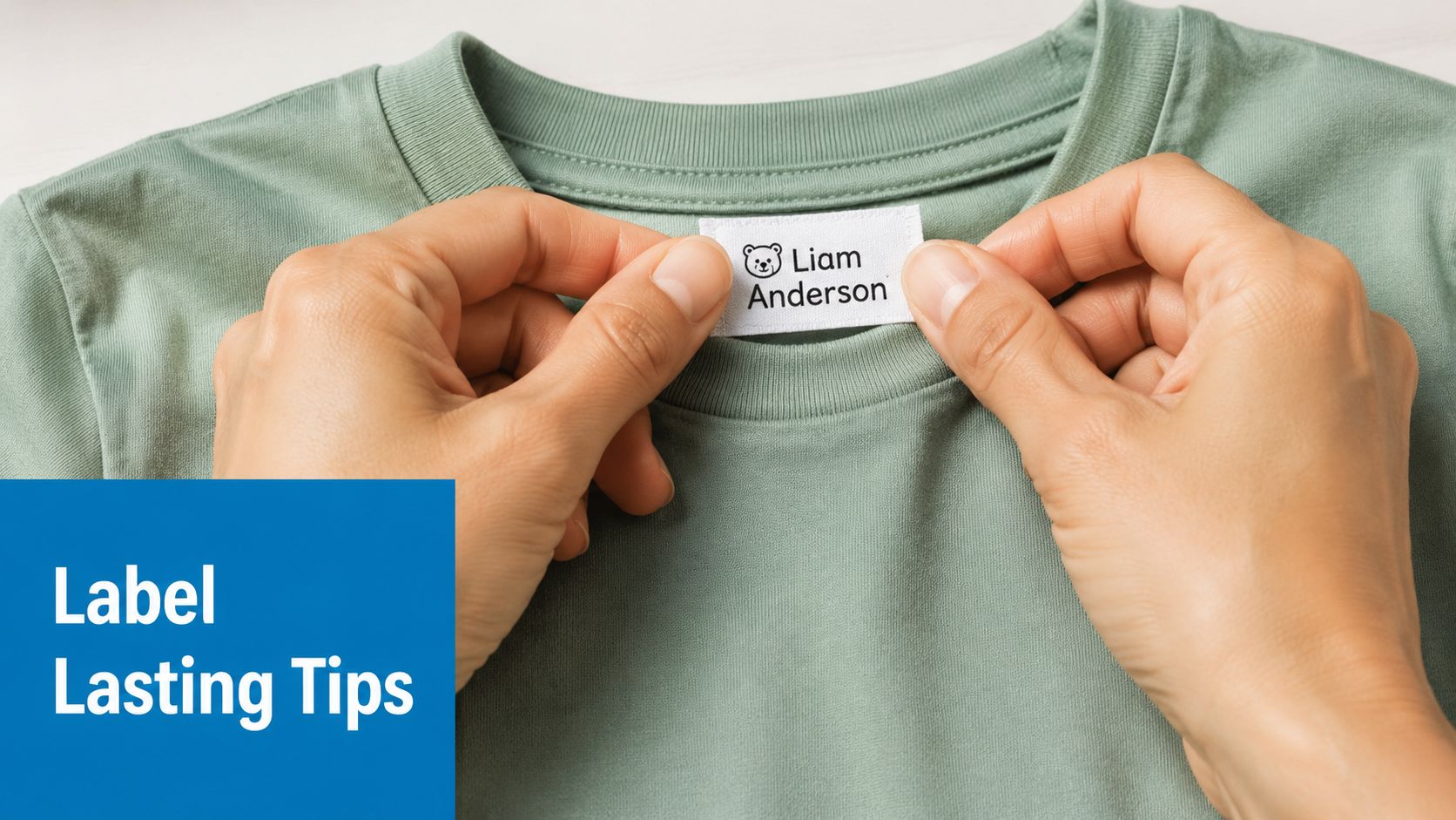 A close-up view of hands applying a personalized name label onto the collar of a green t-shirt.