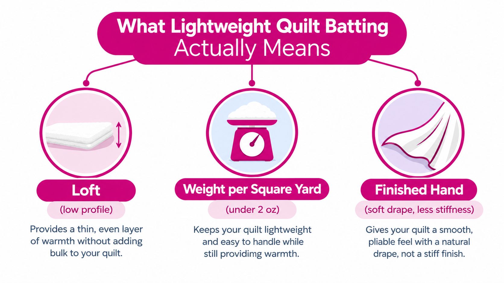 An infographic explaining that lightweight quilt batting means low loft, under two ounces per square yard, and a soft drape.