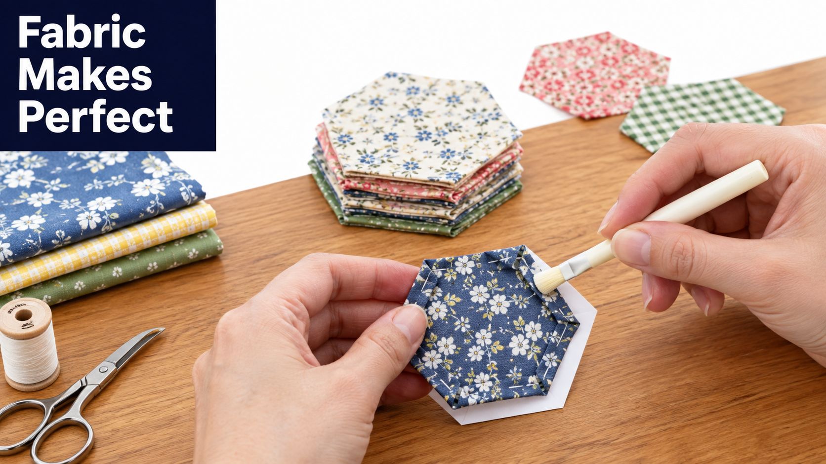 A crafter uses a brush to glue fabric edges around a hexagonal paper template for quilting.