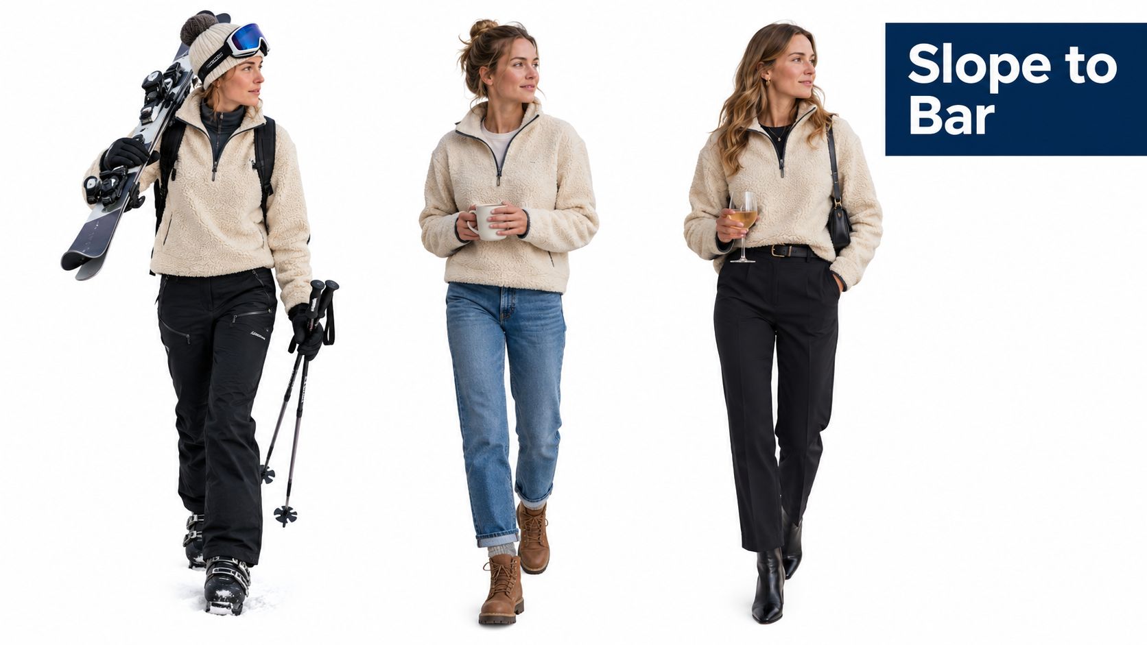 A woman wearing a quarter zip sherpa pullover styled three different ways for skiing and casual outings.