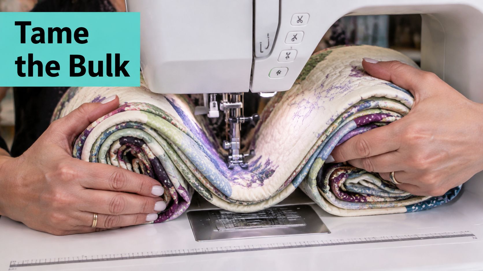 A quilter using both hands to guide a bulky, patterned quilt through a home sewing machine.