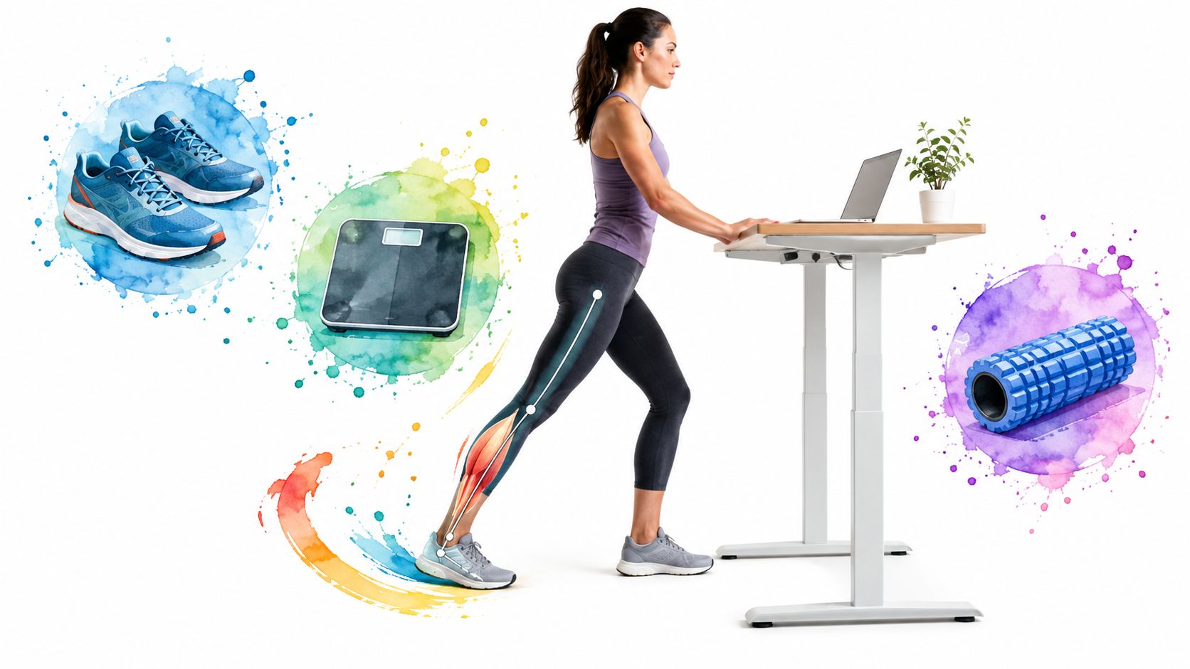 A woman using a standing desk while performing a calf stretch to alleviate heel and ankle pain.